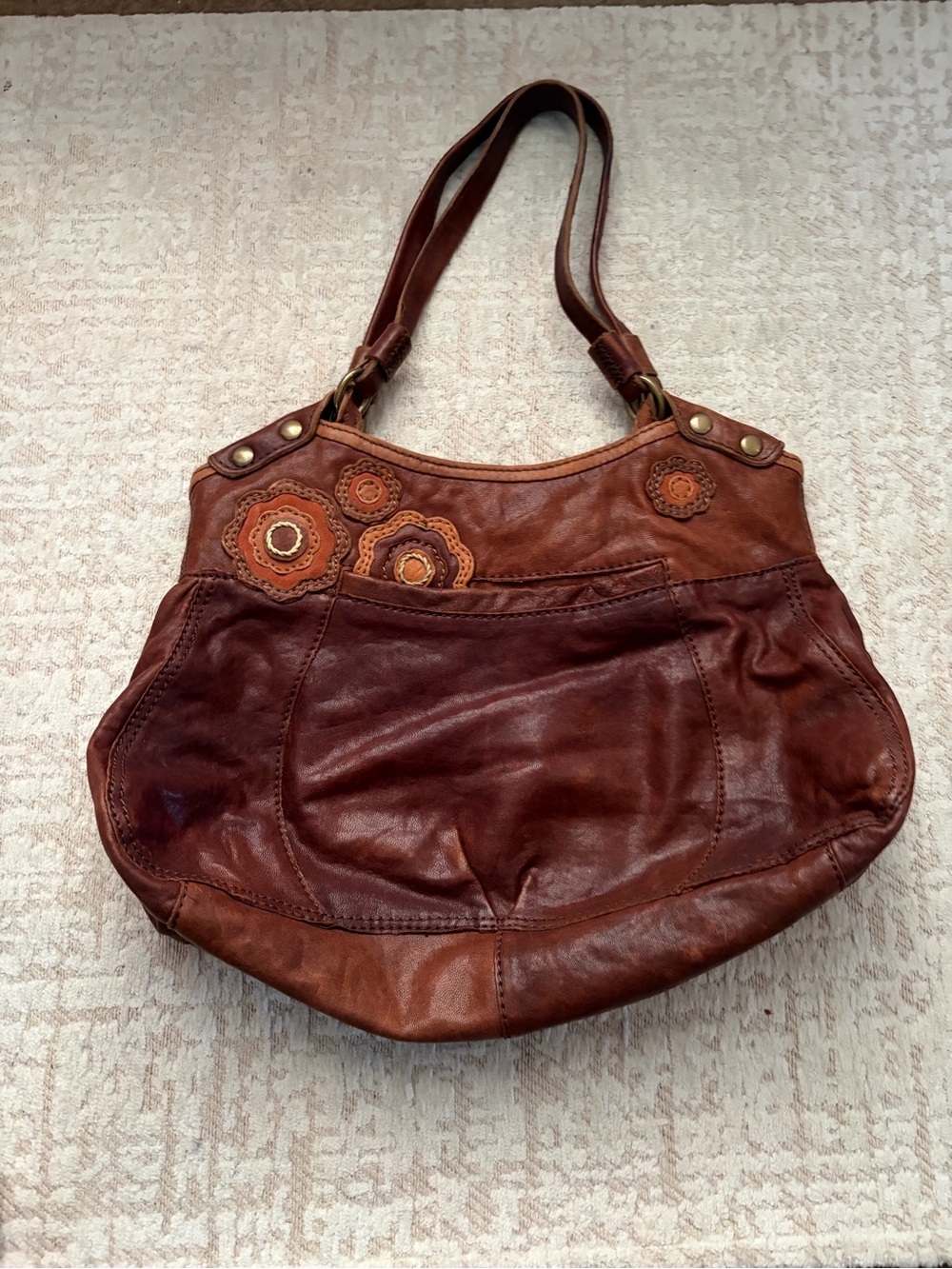 Vintage Brown Leather Floral Appliqué Shoulder Bag - Elegant Everyday tote